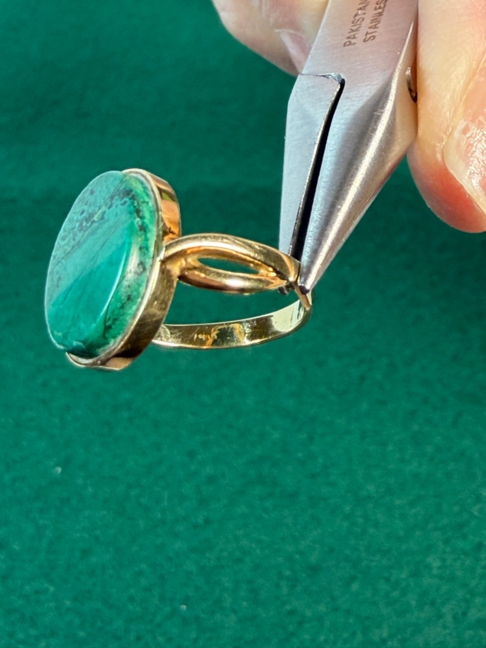 14K Gold Malachite Ring Oval Cabochon Green Stone Statement Ring - Picture 10 of 14